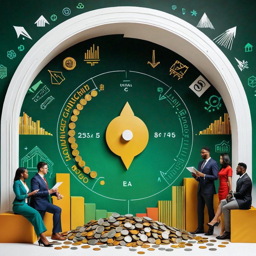 A visually striking blend of diverse financial symbols like arrows, coins, and graphs emerging from an open vault, representing wealth unlocking. Incorporate a vibrant color palette with hints of gold and green to symbolize prosperity and growth. Show a diverse group of investors examining their dynamic portfolios, showcasing strategic collaboration. The background should be an abstract representation of global markets. super-realistic. vibrant colors. white background.