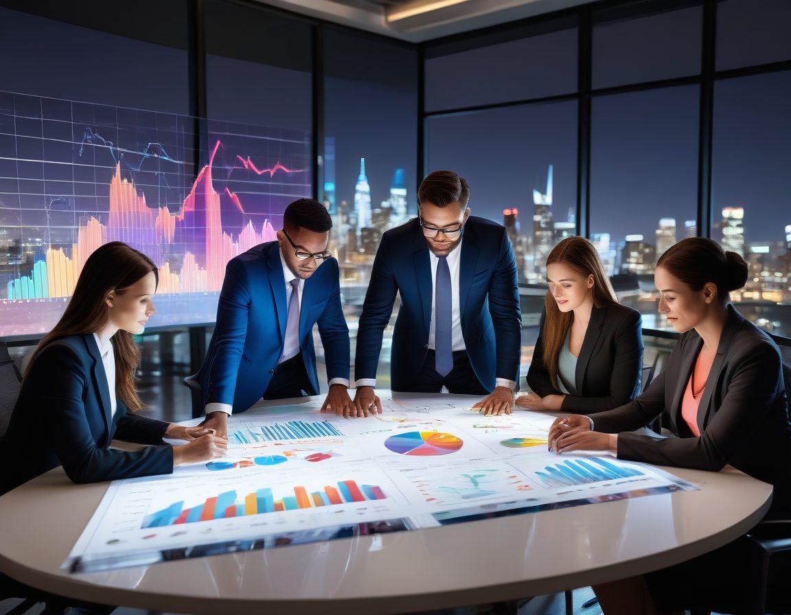 A confident and diverse group of individuals collaborating over a large table filled with financial charts, graphs, and digital devices, symbolizing teamwork in investment planning. The background features a city skyline, representing growth and opportunity. Soft, motivational light illuminates the scene, reflecting hope and empowerment. modern and sleek design. vibrant colors. 3D.