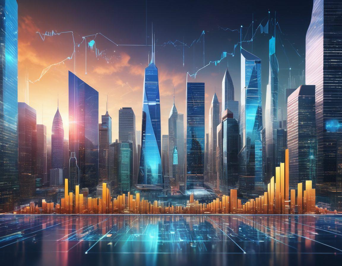 A futuristic city skyline with soaring buildings symbolizing financial growth, overlaid with digital graphs and charts representing wealth management. Include diverse people engaging in discussions and interacting with holographic financial data. Bright, optimistic colors to evoke success and innovation. super-realistic. vibrant colors. 3D.